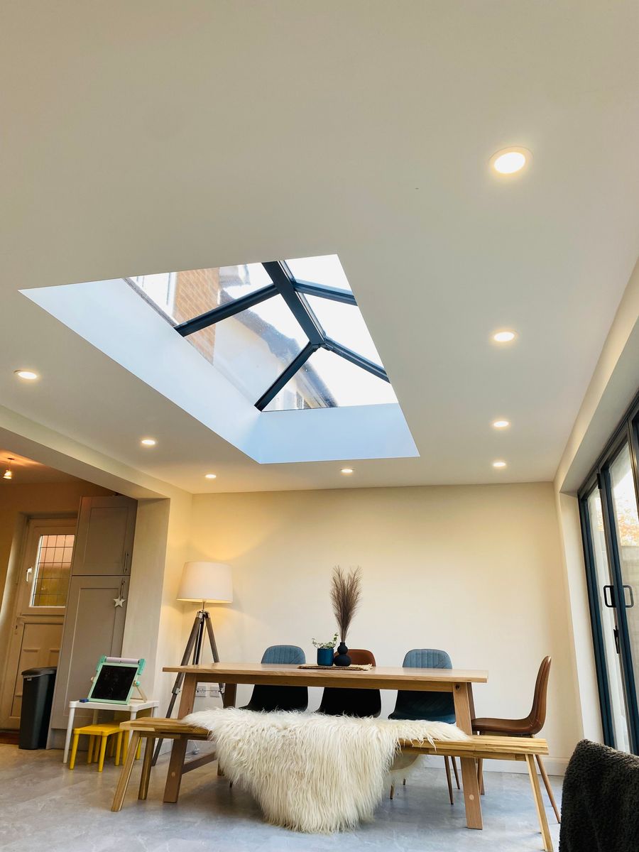 Glazed roof lantern viewed from inside a finished extension